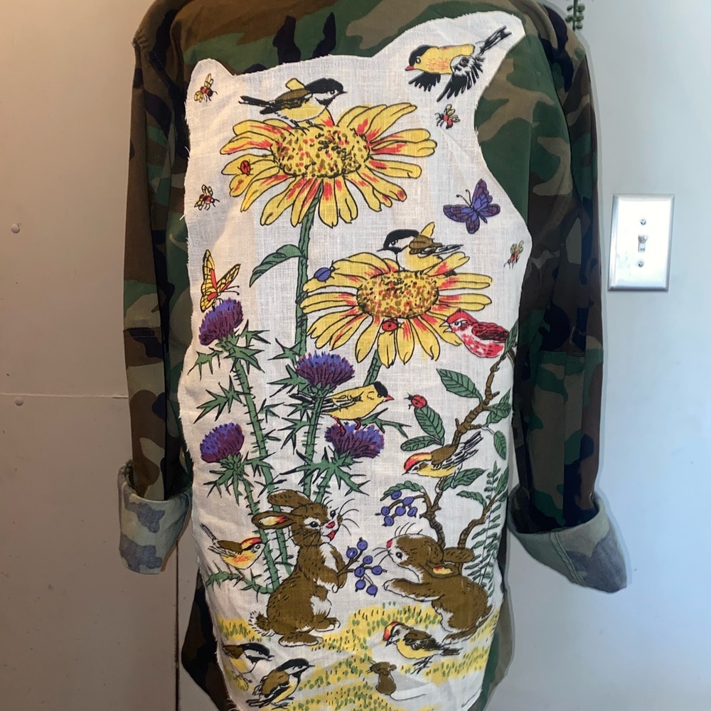 Upcycled Camo Jacket Vintage Linen Cottagecore Sunflower Medium Long
